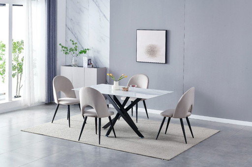 Mesa de comedor OLIVIA - Tablero efecto mármol y patas negras - 150 cm