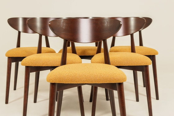 Image 1 of Ensemble de 6 chaises de salle à manger Ocra, tissu bouclè jaune, bois foncé