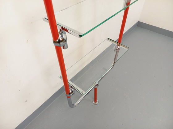 Image 1 of Modular Bauhaus-style vintage bookcase in red metal, chrome and glass from the 1970s