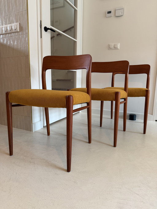 3 sedie da tavolo da pranzo, modello 75, in legno di teak, Niels Otto Møller