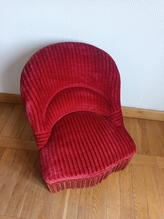 Image 1 of Rode fluwelen paddenstoelfauteuil met franjes