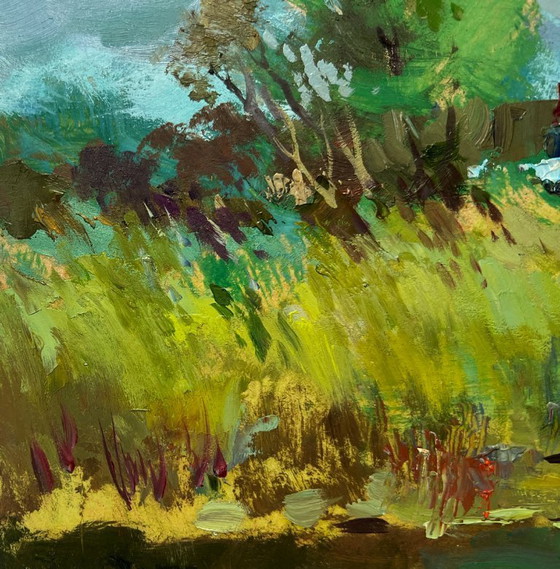 Image 1 of Pintura al óleo original Paisaje costero gris en las afueras del pueblo.