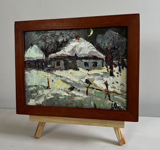 Original Oil Painting Snow Village Landscape Moonlit winter night