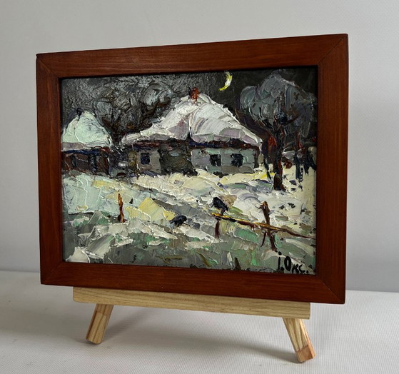 Image 1 of Original Oil Painting Snow Village Landscape Moonlit winter night