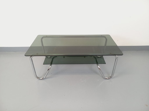 Vintage Italian Rectangular Coffee Table with 2 Smoked Glass and Chromed Metal Tops from the 70s