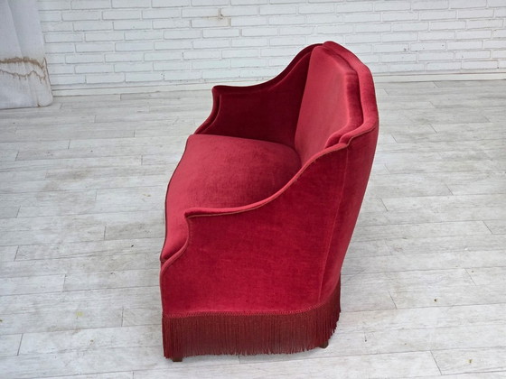 1970s, Danish 2-Seater Sofa, Red Furniture Velour, Ash Wood Legs. – 2 seaters, Velvet (photo 8 of 20)