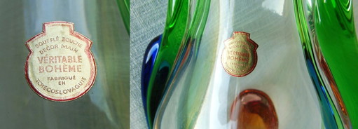 Vintage František Zemek Rhapsody Bohemian Crystal Vase, Czech Sommerso Art Glass, Original Label, Mid-Century Design