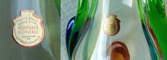 Image 1 of Vintage František Zemek Rhapsody Bohemian Crystal Vase, Czech Sommerso Art Glass, Original Label, Mid-Century Design
