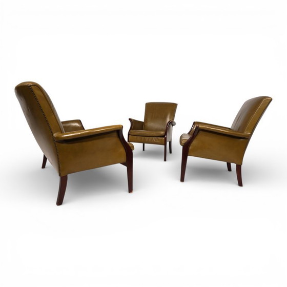 Image 1 of Froxfield 2 leather armchair and leather sofa set, moss green, by Parker Knoll, 1960