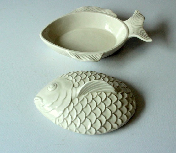 Image 1 of Raro piatto da burro a forma di pesce - porcellana bianca - vaso da pesce - Fitz e Floyd