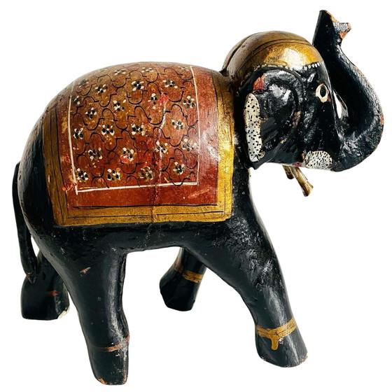 Image 1 of Vintage, handgeschnitzter, dekorativer Holzelefant im Rajasthani-Stil, handbemalt, 1960er Jahre