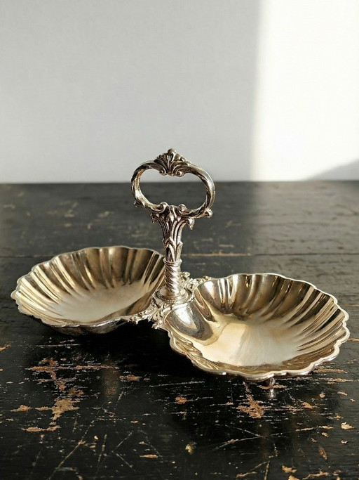 Antique double serving set in light gold-tone metal, vintage shell cup design, 1950s-1970s