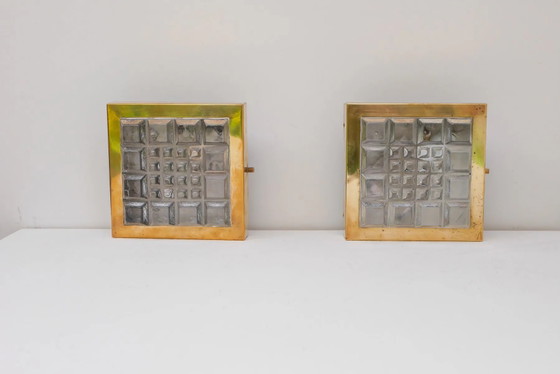 Image 1 of Schwedische brutalistische Wandlampen aus Glas und Messing von Falkenbergs Belysning, 2er-Set