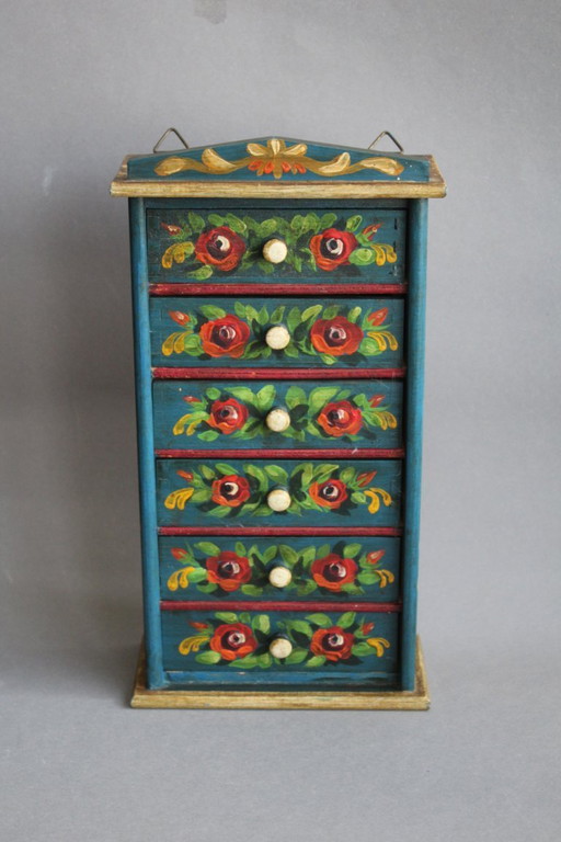 Wooden jewelry cabinet with folk art painting, hemp-crafted unique piece