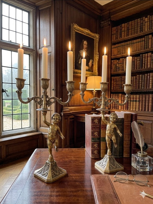 Candélabres au putti en bronze style Louis XVI 19e époque Napoléon France
