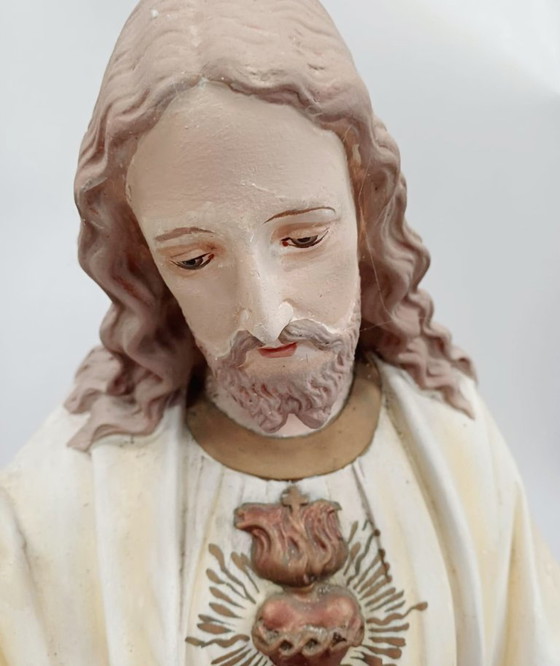 Image 1 of Large Belgian Devotional Polychrome Sacred Heart of Jesus Statue, plaster 1900s