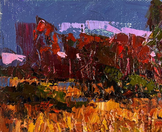 Image 1 of Original Oil Painting Autumn River Landscape: A Walk in the Evening Silence