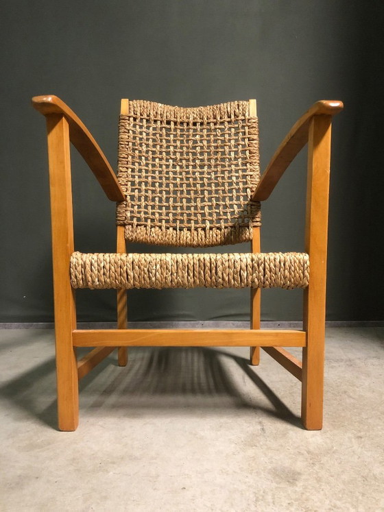 Seagrass rope lounge chair attributed to Adrien Audoux & Frida Minet, Armchairs, Wood, Rattan, Brown, Vintage (photo 8 of 9)