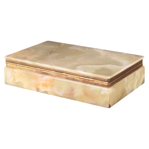 Caja de Joyas Rectangular Vintage Italiana de Ónix y Latón con Tapa Abatible, Años 70