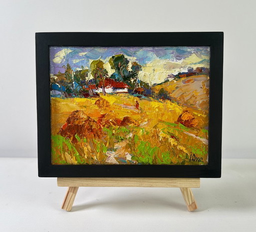 Original Oil Painting Summer Field Landscape Edge of the village