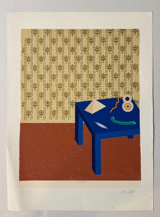 Lucio del Pezzo collage screen print painting 55x75cm, chambre, modern art