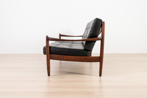 Image 1 of Divano scandinavo a 3 posti in legno e pelle nera, anni '60