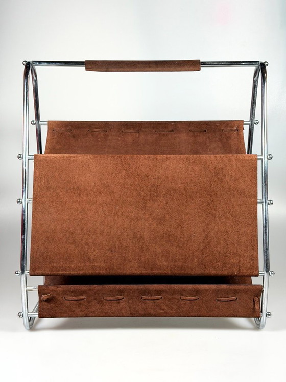 Image 1 of 1960s/70s Newspaper Holder/Magazine Stand, Metal/Leather, Mid-Century Design