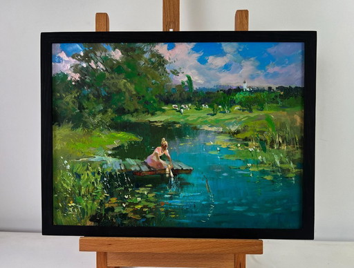 Original Oil Painting Summer River Landscape A girl washes herself at a pond