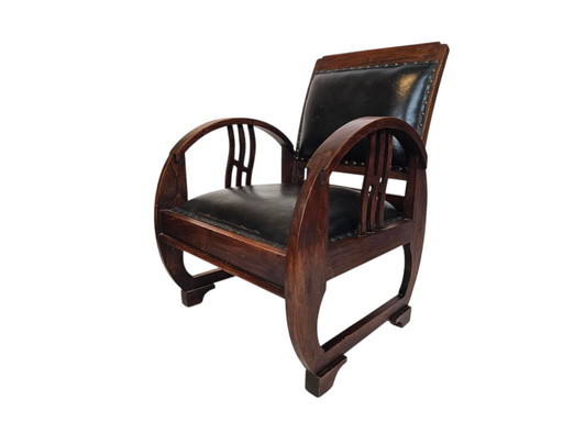 Art Deco - Arm Chair - Clubfauteuil - gebeitst hout - leren bekleding - Frankrijk - 1930's