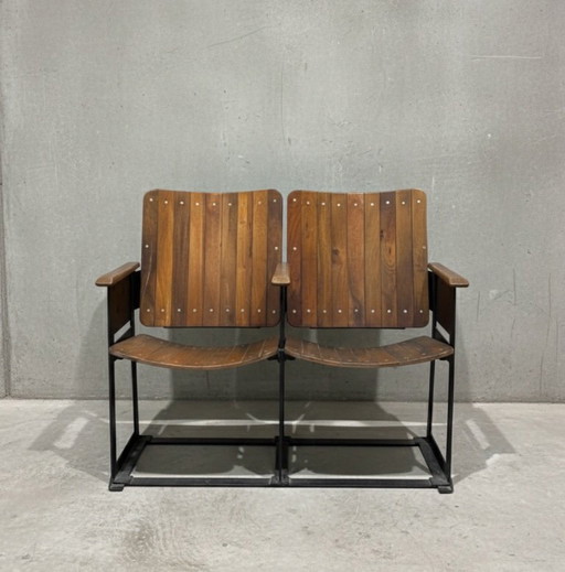 Banquette Vintage Chaise Double / Pair Of Wooden Joined & Fixed Theatre / Cinema Seats On Black Metal Frame