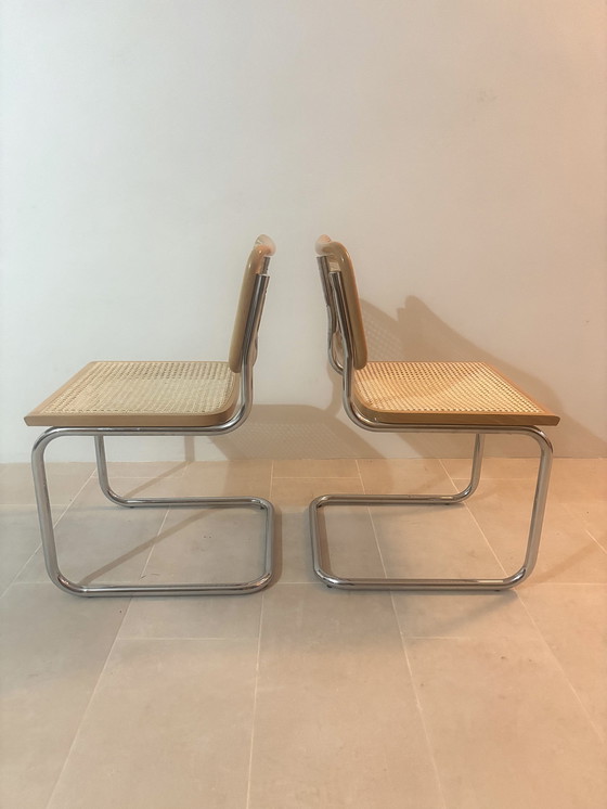Image 1 of Set di sedie da pranzo a sbalzo in canna modello B32 in cromo di Cesca Italia, design di Marcel Breuer