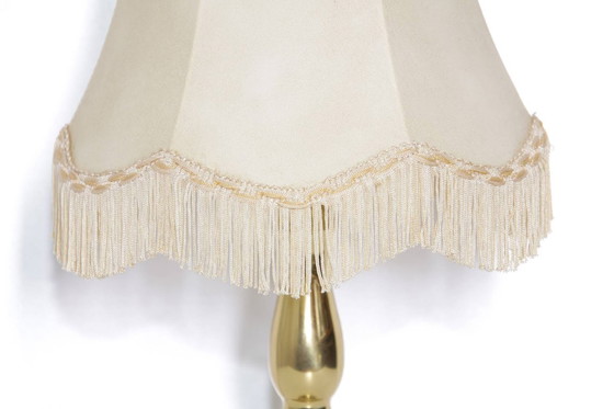 Image 1 of Tafellamp messing kunstleer stof randen franjes 43cm 80s vintage