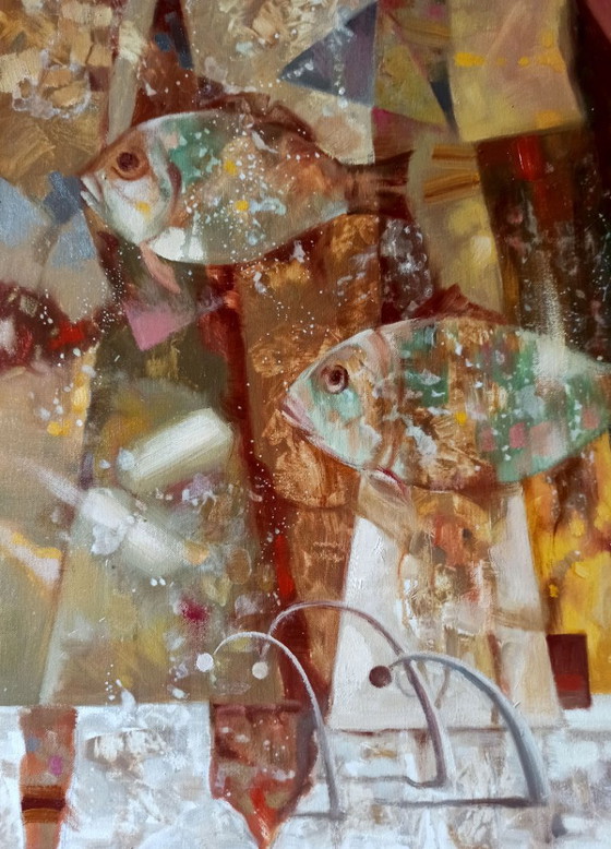 Origineel olieverfschilderij, abstract figuratief meisje, surrealisme, zwevende vis (photo 5 of 10)