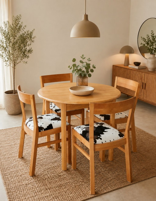 Table ronde extensible avec quatre chaises à motif vache – eetkamerset, Textile, Wood
