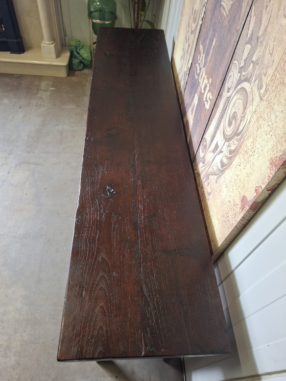 Teakhouten sidetable, haltafel, wandconsole afm. 170x40cm en 78cm hoog. – Wood (photo 6 of 6)