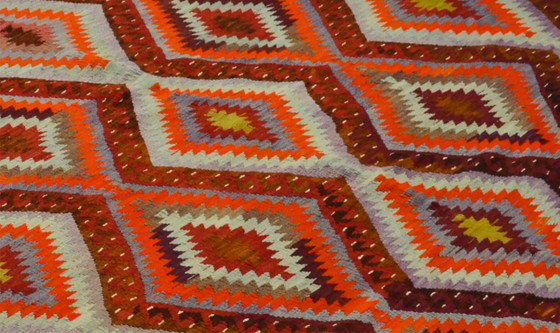 Tappeto turco vintage Usak Kilim 257x170 cm – Tessuto a mano in lana con audace motivo geometrico a rombi, (photo 7 of 10)