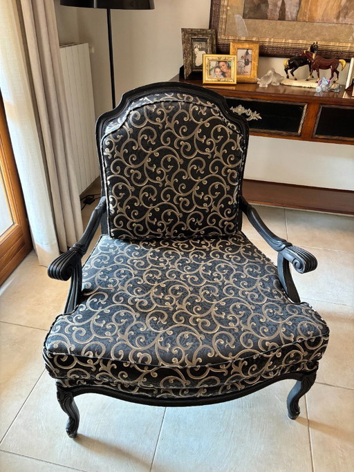 Eugenia Manetti 1935 Classic Carved Armchair – Damask Fabric – Excellent Condition / Eugenia Manetti 1935 Classic Armchair