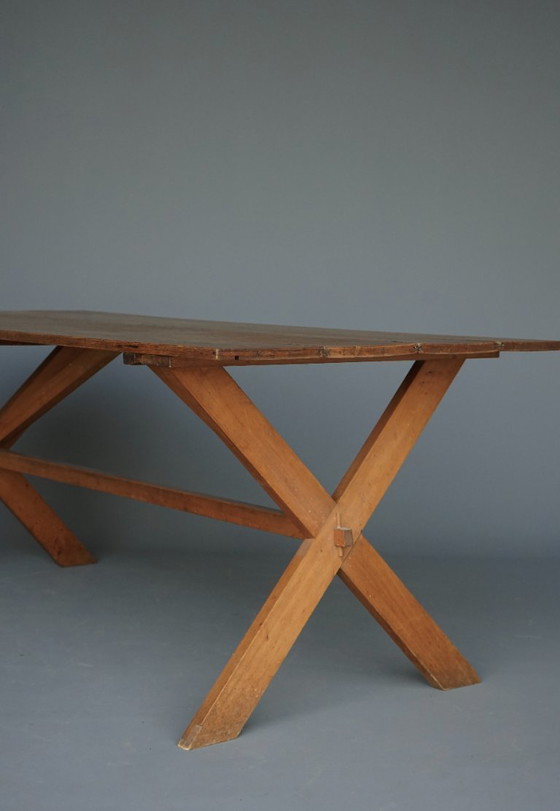 Image 1 of Rustic Cherry & Oak Wood Farmhouse X-Frame Dining Table, 1940s
