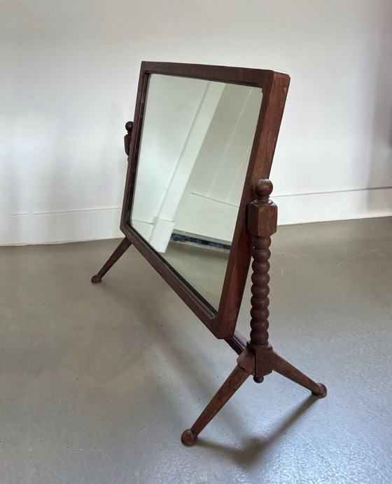 Image 1 of Antieke houten tafelspiegel, klosdetails, 1e kwart 20e eeuw