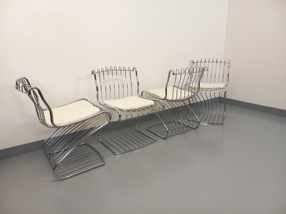 Image 1 of Suite van 4 Gastone Rinaldi Vintage Italiaanse stoelen in verchroomd metaal en Bouclettes stof uit de jaren 70