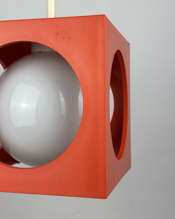 Image 1 of Space Age Ceiling Lamp, Richard Essig, Orange Minimalistic Cube Design, 1970s, Retro-Futuristic Lamp, Germany, Sputnik Design