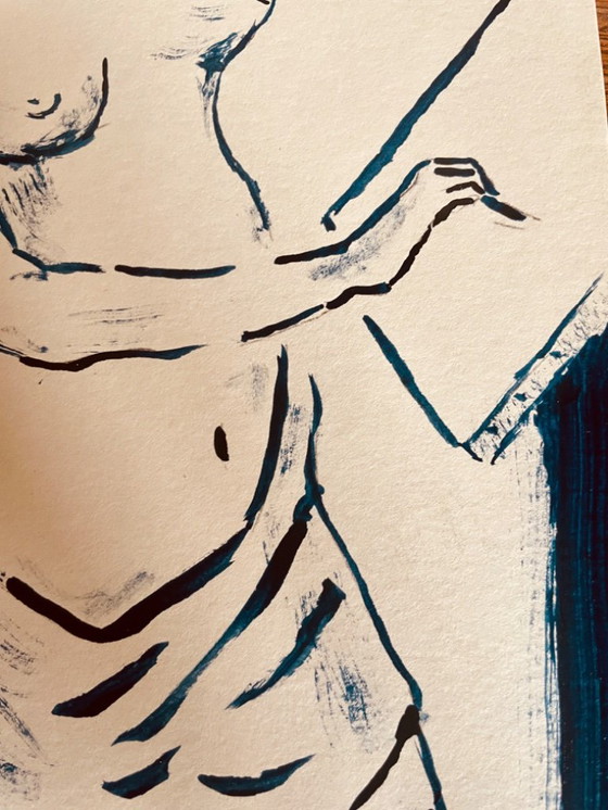 Image 1 of Indigo Blue Ink Painting "Female Model Drawing in the Painter's Studio"