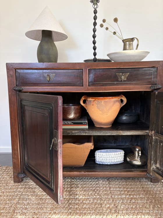 Image 1 of Antique Chinese lacquered wooden cabinet with drawers & doors