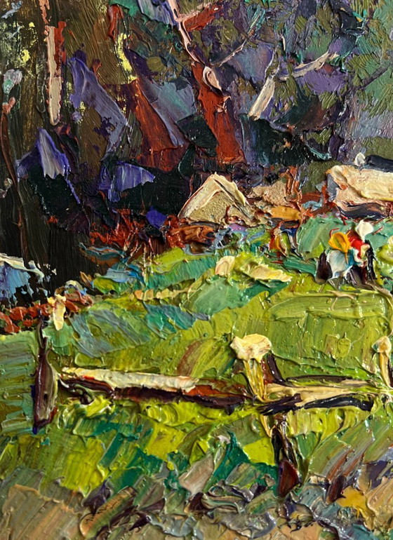 Image 1 of Original Oil Painting Evening Village Landscape Village near the forest