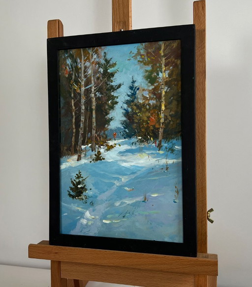 Original Oil Painting Winter Forest Landscape Rest in the winter forest