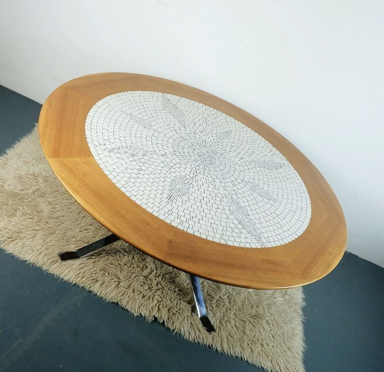 Image 1 of large round 60s mosaic tile top coffee table white mosaic walnut frame chrome base