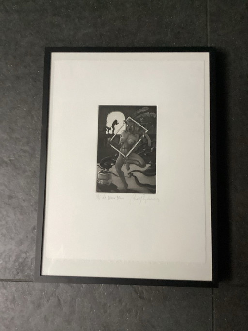 Bart d’Eyckermans - “La Deesse Bleue” (La Diosa Azul) litografía surrealista (13/75) en marco negro. 38x29.