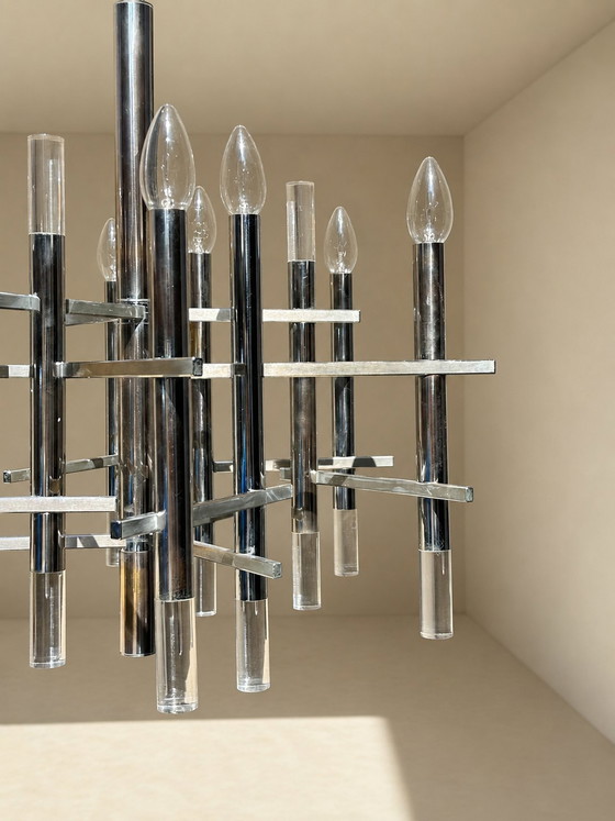 Image 1 of Lustre Gaetano Sciolari en chrome et lucite, style Mid-Century, Italie, vers 1970 — Étiquette d'origine