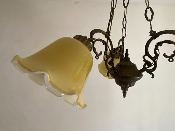 Vintage Joegoslavische kroonluchter met 3 lampen en opaalglas, jaren 60-70. – Metal (photo 7 of 11)