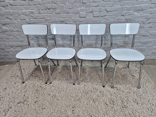 Set of 4 Vintage Design Kitchen Chairs by Brabantia, White Linen-Textured Formica with Black and Silver Trim, The Netherlands